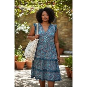 J. Jill Coastal Ruffle Tiered Midi Dress Blue Paisley Floral Plus Size 3X